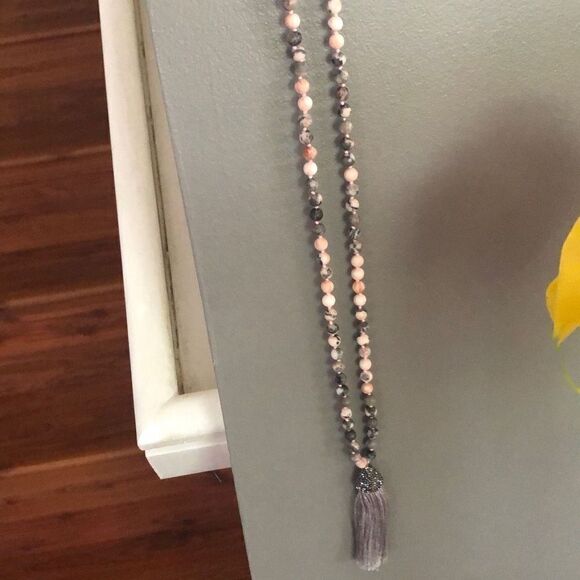 Pink and Gray stone bead long tassel necklace￼ - Picture 5 of 6